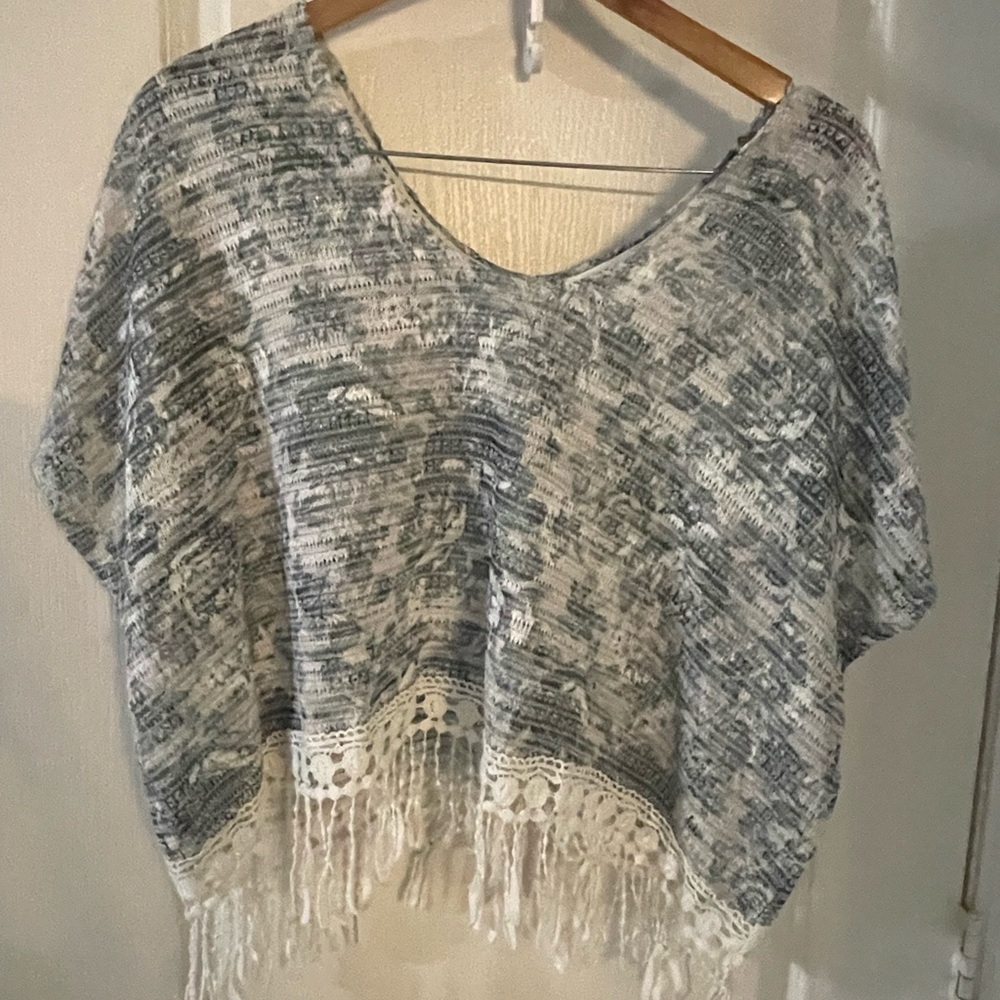 Aeropostale Blue and White Fringe Blouse